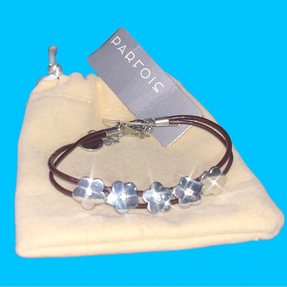 NWT Bracelet Leather Strings Silver Flowers Rhinestones Parfois Gift